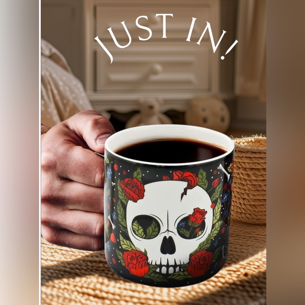 Black and Red Skull Mug with Floral Design